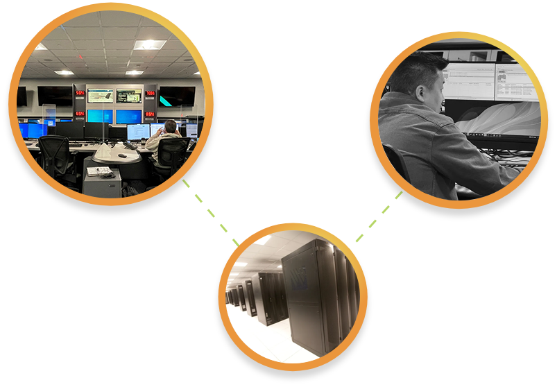 A connected circle grid of images. The first image is the command center (NOC) of one of Wescom Resources' server centers, the second image is a row of secure data servers, and the last image is of a technician at his workstation.